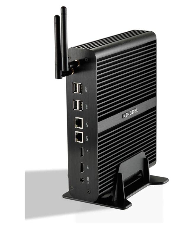 KINGDEL Fanless Mini Desktop Computer, Mini PC with Intel i7 CPU, 16GB RAM, 512GB SSD, 2xHD Ports, 2xLAN, All Metal Body, W-11 Pro