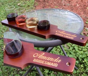 custom personalized wine flight server tasting set with 4 glasses - engraved bridesmaid gifts - red brown finish