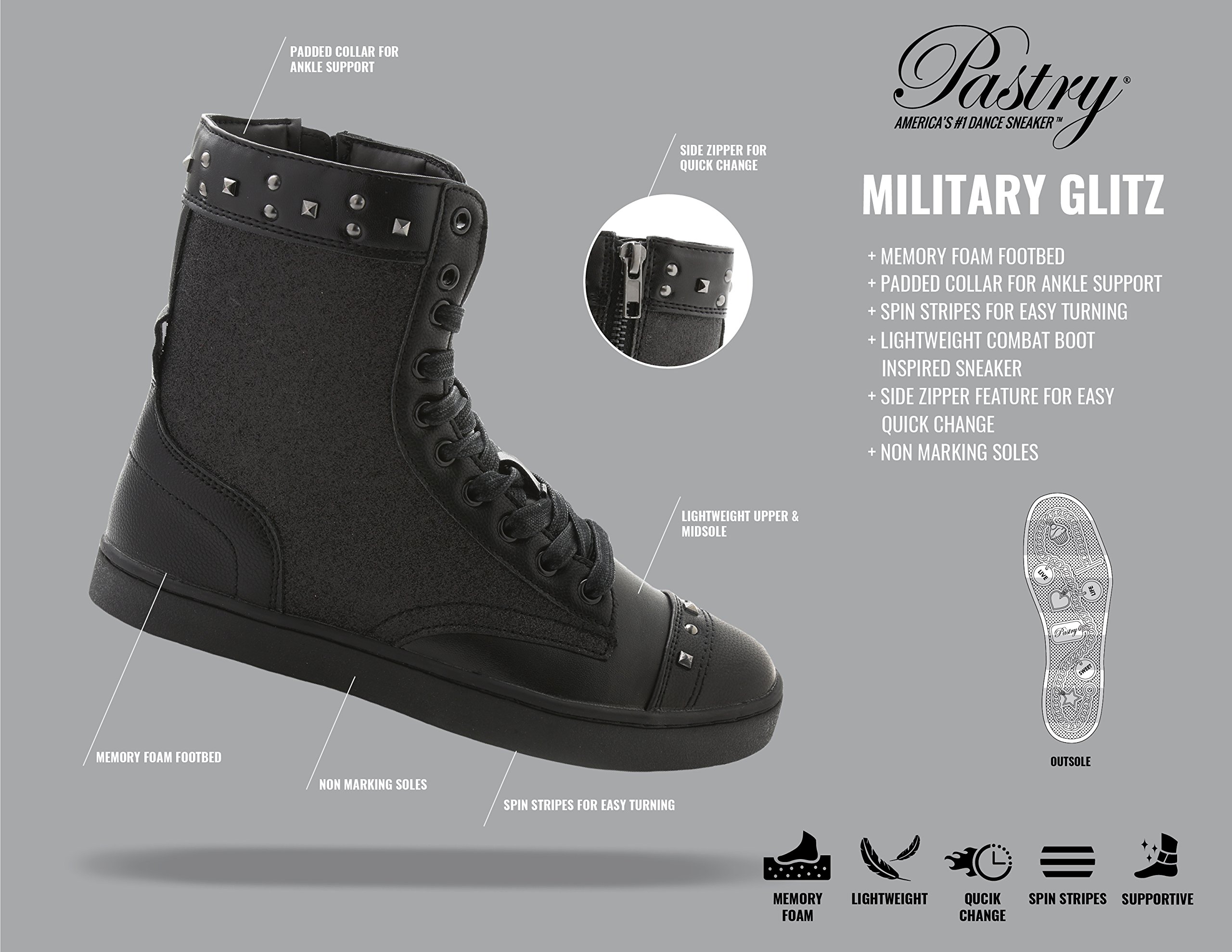 Pastry Military Glitz Adult Dance Sneaker, Black/Black, Size 6.5