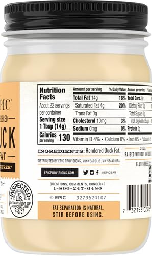 EPIC Rendered Duck Fat, Keto Friendly, Gluten Free, 11 oz Jar