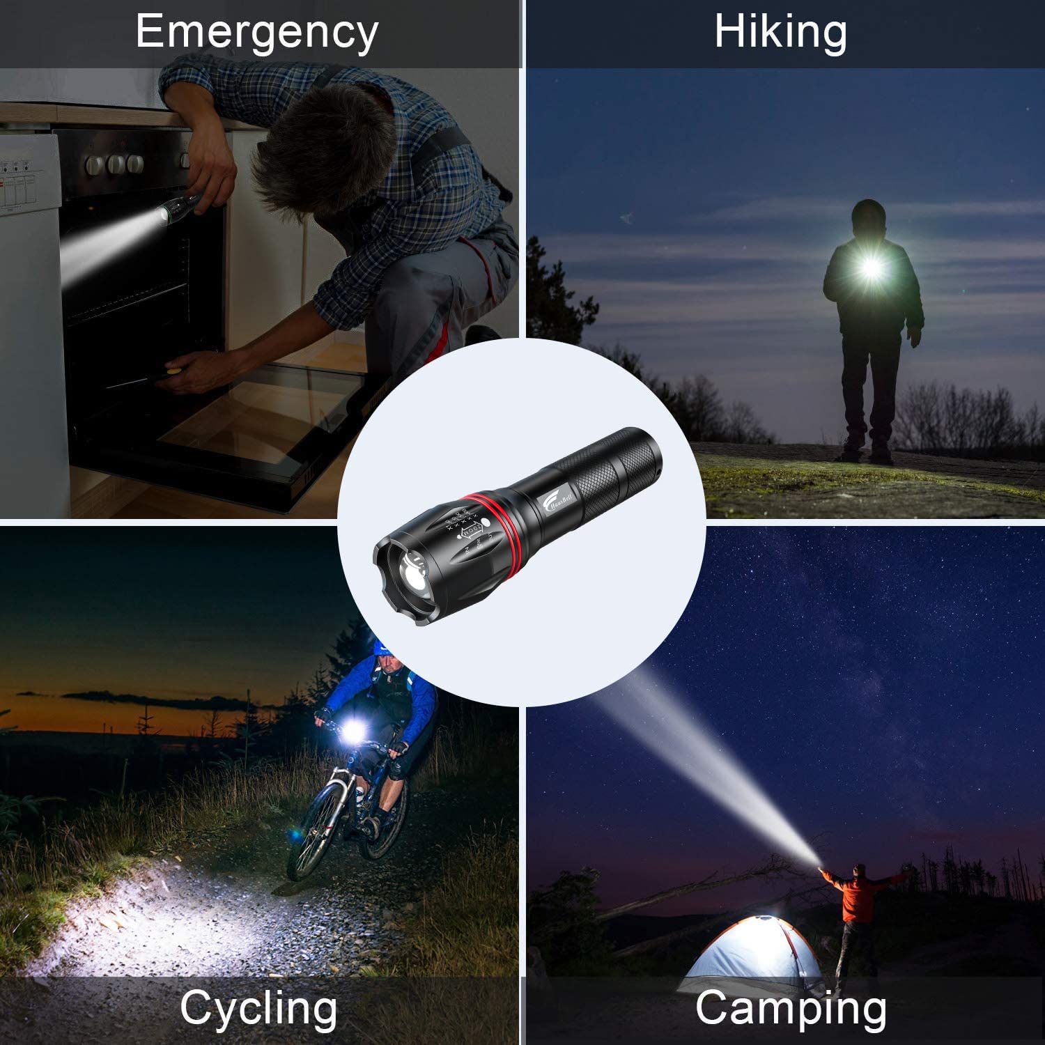 HAUSBELL LED Flashlight 2Pack High Lumens,Bright, Zoomable, Waterproof, Powerful, Emergency Tactical A100 LED Flashlights for Home and 5 Modes, Flashlight for Camping Gear、Hiking、Walking（2Pack）