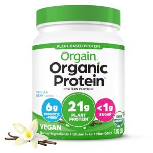 orgain organic vegan protein powder, vanilla bean - 21g plant based protein, gluten free, dairy free, lactose free, soy free, no sugar added, kosher, for smoothies & shakes - 1.02lb