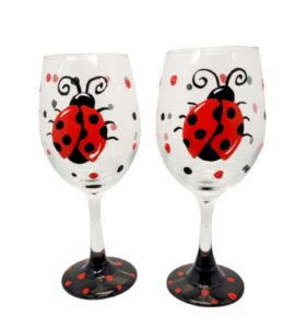 ladybug hand painted stemmed wine glasses set of 2