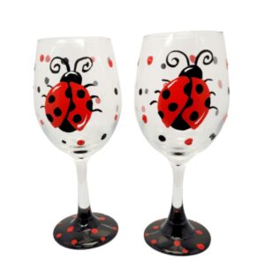 Ladybug Hand Painted Stemmed Wine Glasses Set of 2