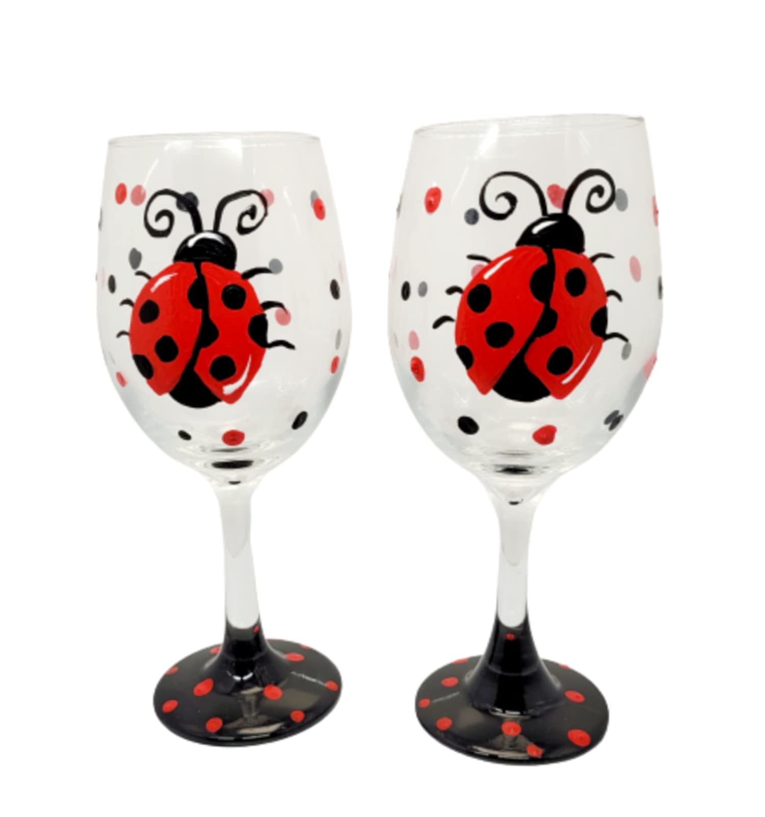 Ladybug Hand Painted Stemmed Wine Glasses Set of 2