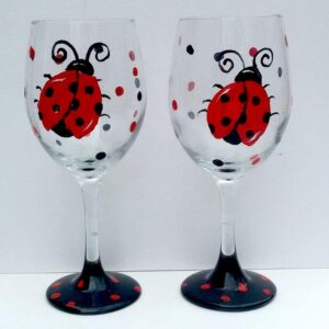 Ladybug Hand Painted Stemmed Wine Glasses Set of 2