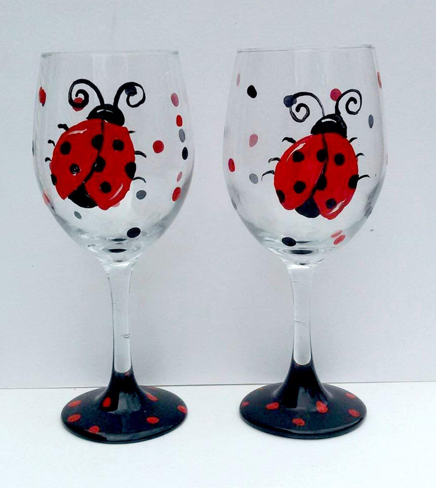 Ladybug Hand Painted Stemmed Wine Glasses Set of 2