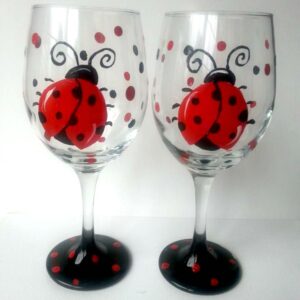 Ladybug Hand Painted Stemmed Wine Glasses Set of 2