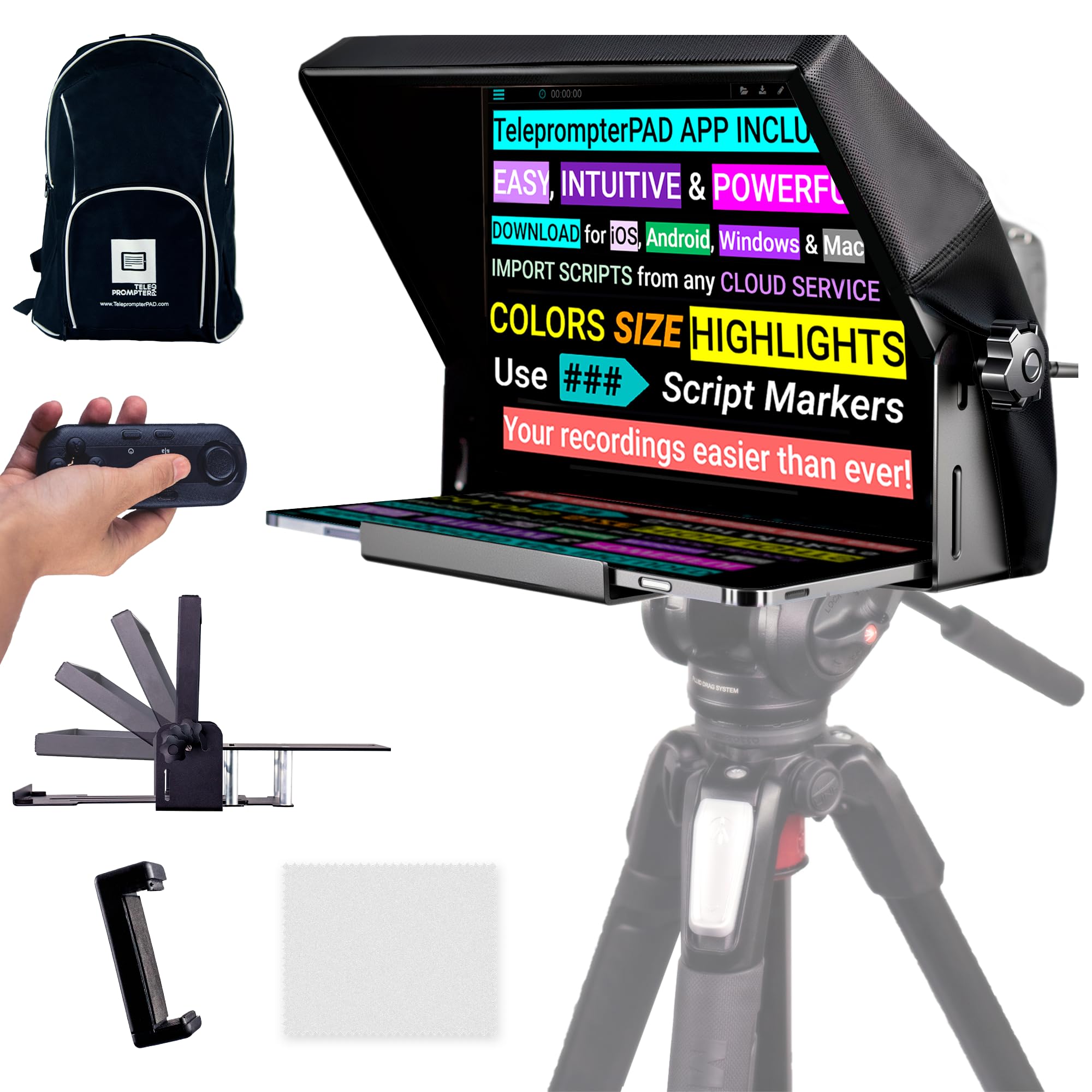 TELEPROMPTER PAD iLight PRO 12" Autocue teleprompter iPad Tablet - Kit teleprompter for Video with Remote Control, APP & Carry Bag, Beam Splitter Prompter DSLR, iPhone, APP for Apple Android Mac Win