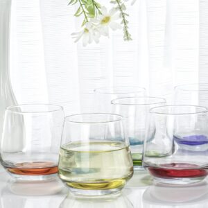 Red Co. Set of 6 Stemless 11.75 Oz Short Wine Drinking Glass Tumblers with Rainbow Colored Bottoms