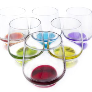 Red Co. Set of 6 Stemless 11.75 Oz Short Wine Drinking Glass Tumblers with Rainbow Colored Bottoms