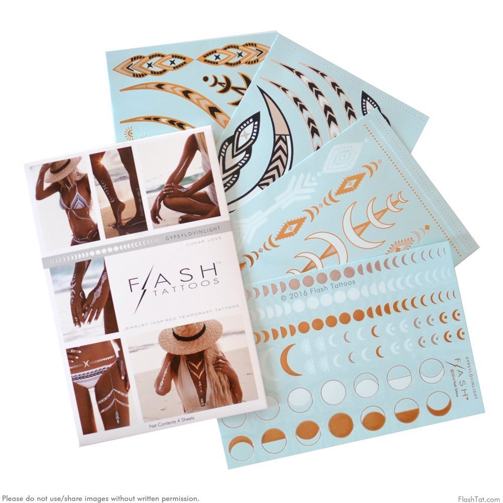 Flash Tattoos Lunar Love Authentic Metallic Temporary Tattoos 4 Sheet Pack (Black/gold/silver/white) - Includes Over 38 Premium Waterproof Tattoos