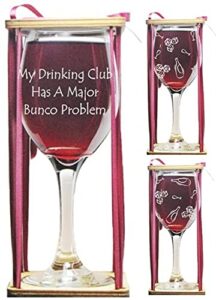 orange kat bunco club my drinking club has a major bunco problem stemmed wine glass with charm and presentation packaging