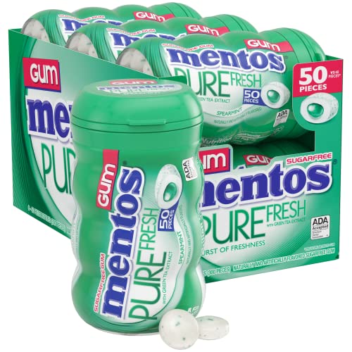 Mentos Pure Fresh Sugar-Free Chewing Gum with Xylitol, Spearmint, 50 Piece Bottle (Bulk Pack of 6)