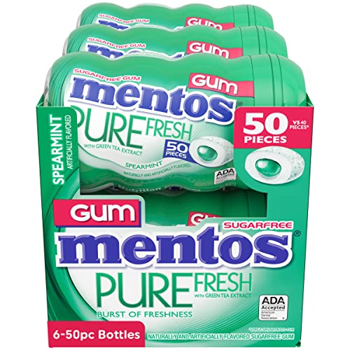 Mentos Pure Fresh Sugar-Free Chewing Gum with Xylitol, Spearmint, 50 Piece Bottle (Bulk Pack of 6)