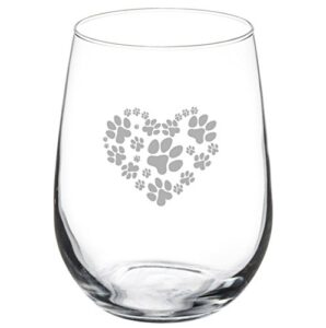 17 oz stemless wine glass love animals heart paw prints
