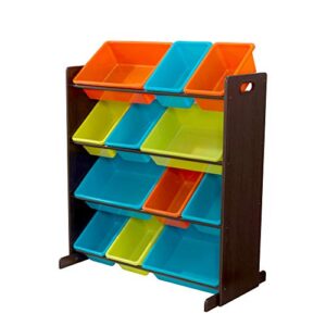 kidkraft wooden sort it & store it bin unit with 12 plastic bins - brights & espresso, gift for ages 3+