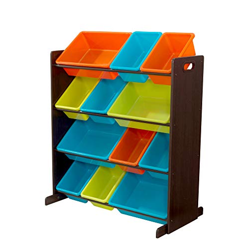 KidKraft Wooden Sort It & Store It Bin Unit with 12 Plastic Bins - Brights & Espresso, Gift for Ages 3+