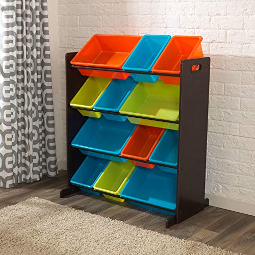 KidKraft Wooden Sort It & Store It Bin Unit with 12 Plastic Bins - Brights & Espresso, Gift for Ages 3+