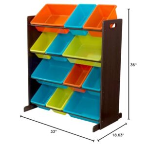 KidKraft Wooden Sort It & Store It Bin Unit with 12 Plastic Bins - Brights & Espresso, Gift for Ages 3+