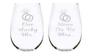 c & m personal gifts 17 oz wine glasses (set of 2) one lucky mr. and soon to be mrs. etched stemless glasses set made from lead-free crystal-clear glass – ideal gift for engagement