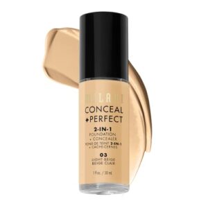 milani conceal + perfect liquid foundation - light beige, 1 fl. oz. cruelty-free, water-resistant, oil-free, medium-to-full coverage, satin matte finish