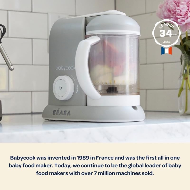 BEABA Babycook Solo 4 in 1 Baby Food Maker, Baby Food Processor, Steam Cook + Blend, Lrg Capacity 4.5 Cups 27 Servings in 20 Mins, Cook Healthy Baby Food at Home, Dishwasher Safe, Cloud