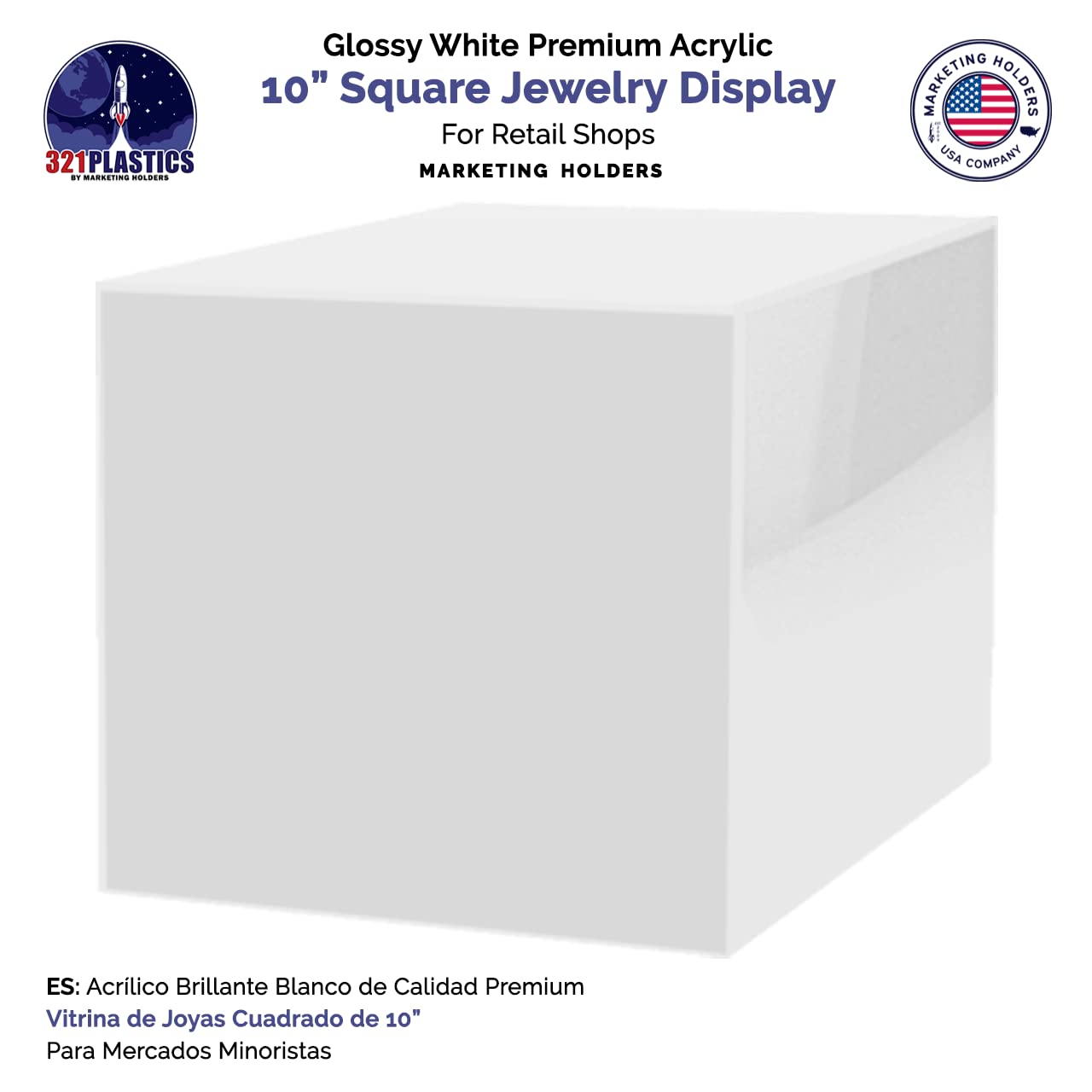 10" Acrylic Display Riser Box with One Open Side No Lid Versatile Glossy White Square Lucite Retail Product Platform or Merchandise Storage Bin by Marketing Holders