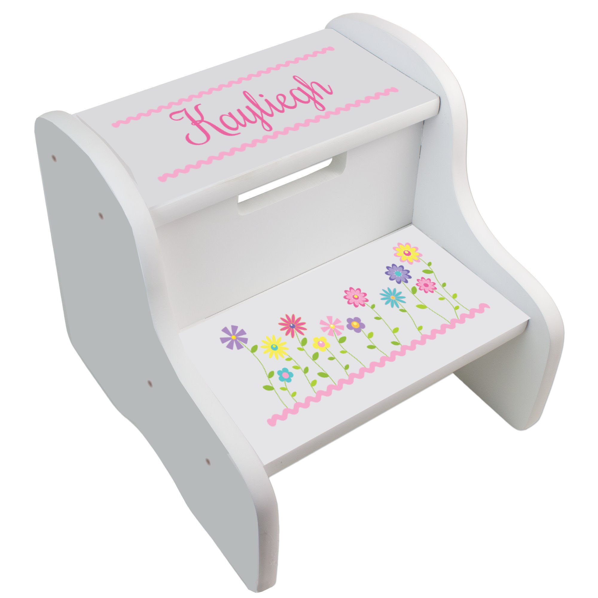 Personalized Stemmed Flowers White Step Stool