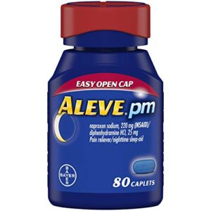 aleve pm caplets, fast acting sleep aid and pain relief for headaches, muscle aches, non-habit forming 220 mg naproxen sodium and 25 mg diphenhydramine hcl capsules, 80 count