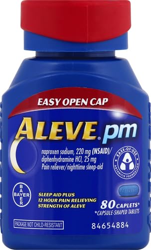 Aleve PM Caplets, Fast Acting Sleep Aid and Pain Relief for Headaches, Muscle Aches, Non-Habit Forming 220 mg Naproxen Sodium and 25 mg Diphenhydramine HCl Capsules, 80 count