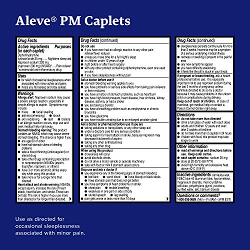 Aleve PM Caplets, Fast Acting Sleep Aid and Pain Relief for Headaches, Muscle Aches, Non-Habit Forming 220 mg Naproxen Sodium and 25 mg Diphenhydramine HCl Capsules, 80 count