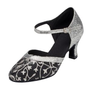 minishion women's th132 floral low heel black glitter mesh wedding ballroom latin taogo dance pumps shoes us 9.5