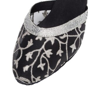 Minishion Women's TH132 Floral Low Heel Black Glitter Mesh Wedding Ballroom Latin Taogo Dance Pumps Shoes US 9.5