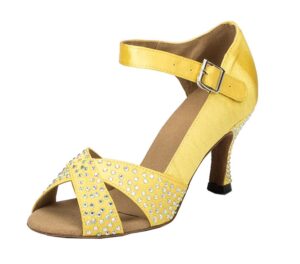 minishion women's th038 sparkling yellow satin wedding ballroom latin taogo dance sandals us 9.5