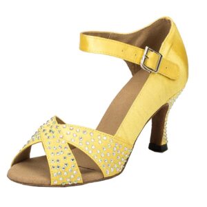 Minishion Women's TH038 Sparkling Yellow Satin Wedding Ballroom Latin Taogo Dance Sandals US 9.5