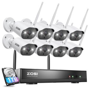 ZOSI 8CH 2K Wireless Security Camera System with 1TB Hard Drive,8x 3MP WiFi Outdoor Surveillance Cameras,Night Vision,Light and Siren Alarm,2 Way Audio,2K H.265+ 8Channel NVR for 24/7 Recording