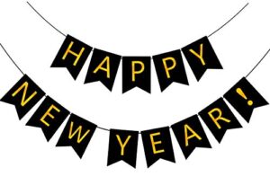 fecedy happy new year banner black bunting with gold alphabet for new year party supplier eve party decorations