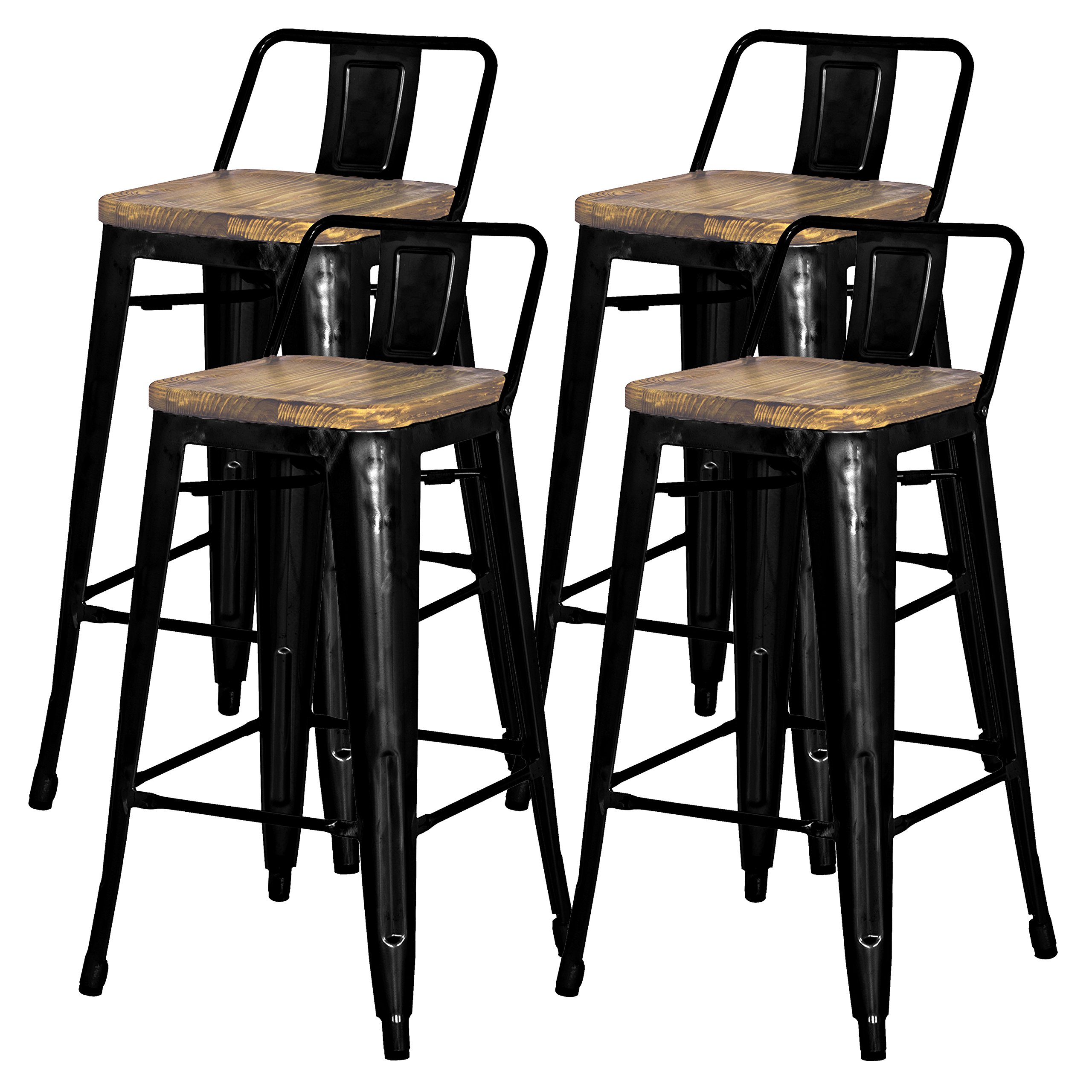 New Pacific Direct Metropolis Metal Low Back Bar Stool 30" Wood Seat,Indoor/Outdoor Ready,Black,Set of 4