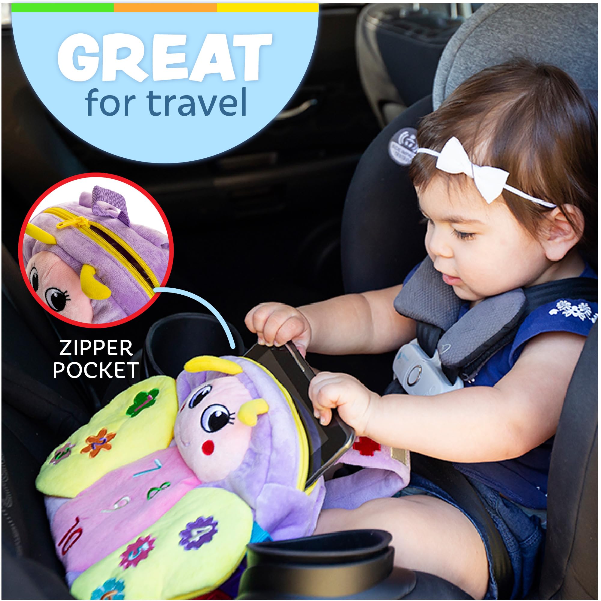 Buckle Toys - Blossom Butterfly Activity Backpack - Educational Learning Toy - Must Have for Long Car Trips - Zippered Pouch for Storage - Great Gift for Toddlers