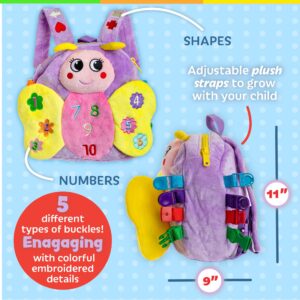 Buckle Toys - Blossom Butterfly Activity Backpack - Educational Learning Toy - Must Have for Long Car Trips - Zippered Pouch for Storage - Great Gift for Toddlers