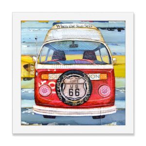get your kicks, classic antique car van camper danny phillips art print, unframed, route 66 retro art wall and home decor poster, mixed media collage painting, all sizes