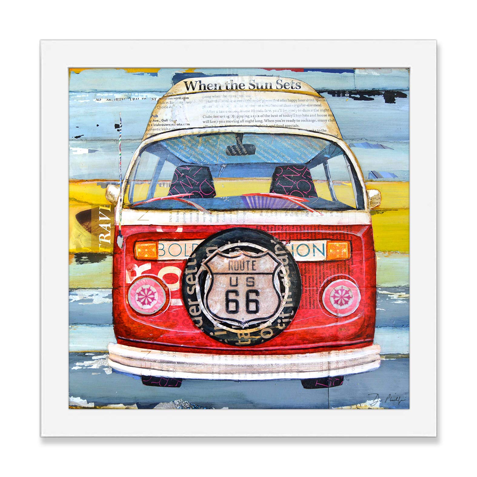 Get Your Kicks, Classic Antique Car Van Camper Danny Phillips Art Print, Unframed, Route 66 Retro Art Wall and Home Decor Poster, Mixed Media Collage Painting, All Sizes