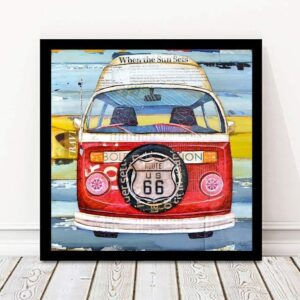 Get Your Kicks, Classic Antique Car Van Camper Danny Phillips Art Print, Unframed, Route 66 Retro Art Wall and Home Decor Poster, Mixed Media Collage Painting, All Sizes