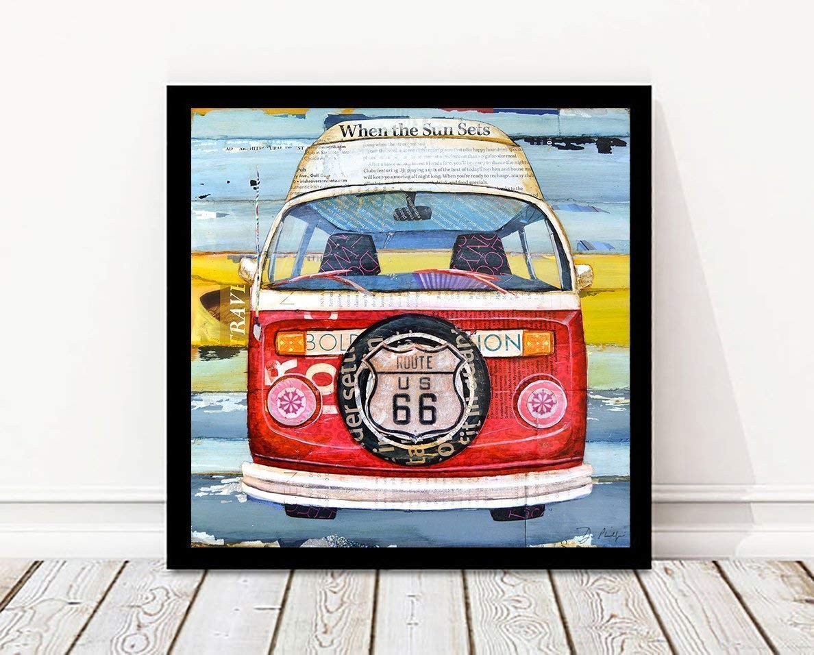 Get Your Kicks, Classic Antique Car Van Camper Danny Phillips Art Print, Unframed, Route 66 Retro Art Wall and Home Decor Poster, Mixed Media Collage Painting, All Sizes