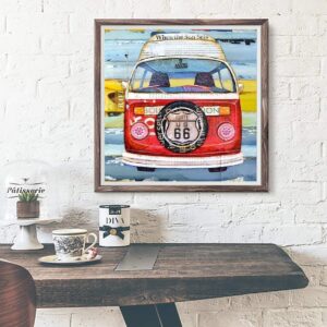 Get Your Kicks, Classic Antique Car Van Camper Danny Phillips Art Print, Unframed, Route 66 Retro Art Wall and Home Decor Poster, Mixed Media Collage Painting, All Sizes