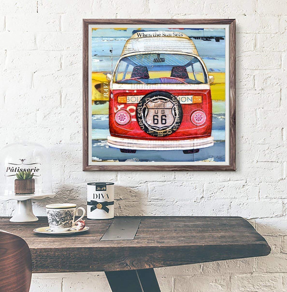 Get Your Kicks, Classic Antique Car Van Camper Danny Phillips Art Print, Unframed, Route 66 Retro Art Wall and Home Decor Poster, Mixed Media Collage Painting, All Sizes