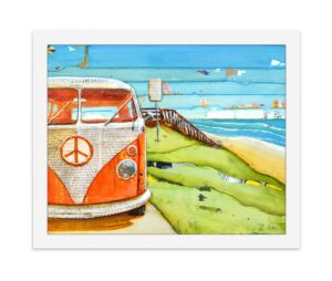 orange crush antique car classic van - danny phillips art print, unframed, vintage retro nautical coastal beach and home decor painting poster, all sizes
