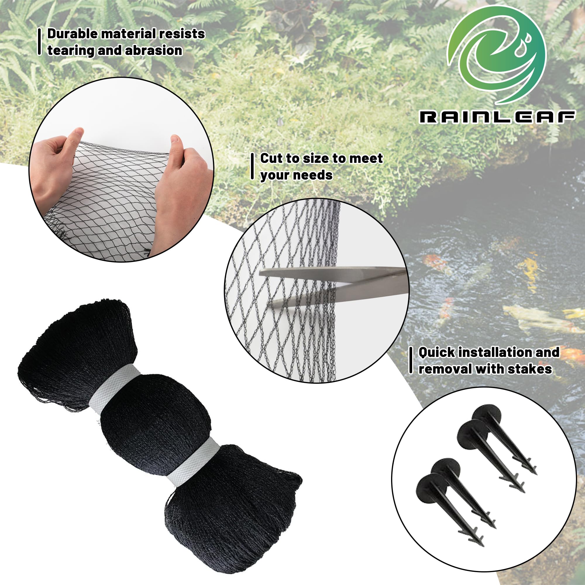 Rainleaf Pond Netting, 14' x 20' Pond Net Cover, Koi Pond Netting for Leaves, Heavy Duty Koi Pond Net Protecting Koi Fish from Herons, Stakes Included