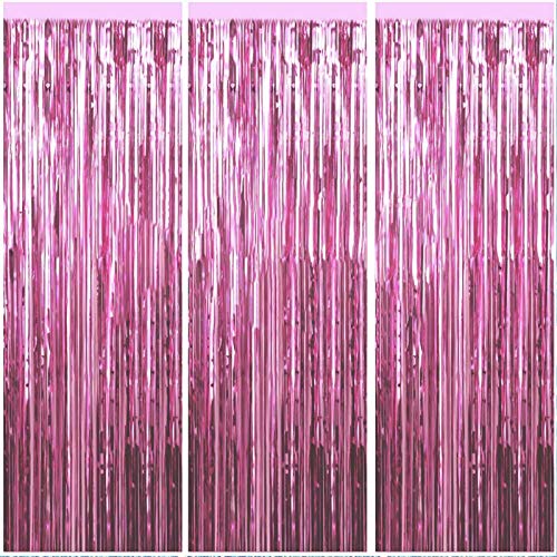 3 Packs 3.2ft x 6.6ft Light Pink Metallic Tinsel Foil Fringe Curtains Photo Booth Props for Birthday Wedding Engagement Bridal Shower Baby Shower Bachelorette Holiday Celebration Party Decorations